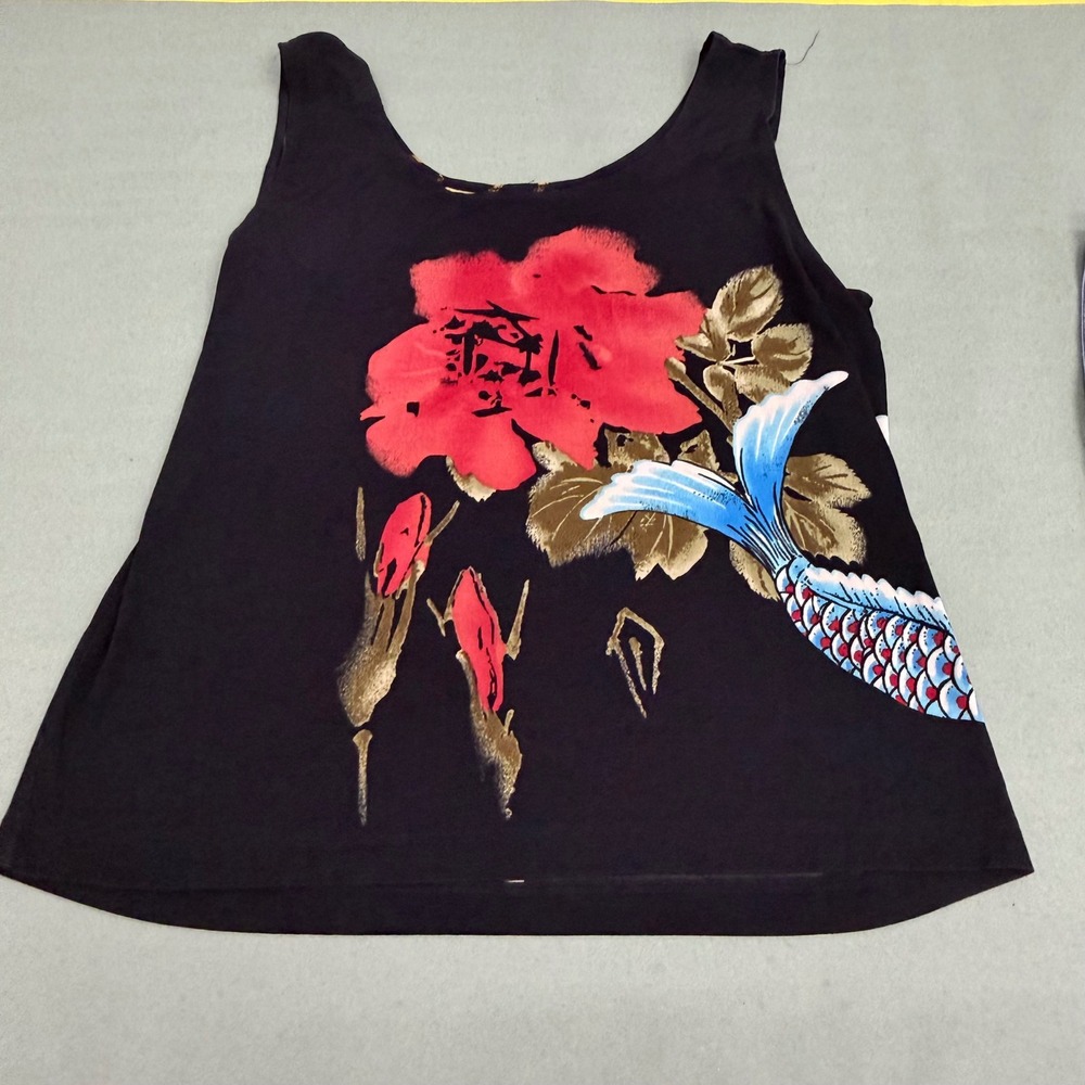 Chicos Travelers Tank Top Size 3 XL Black Koi Fish Floral Asian Sleeveless Top
